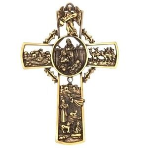 JCC Fine Pewter Nativity Scene Brass Tone Cross Ornament Religious Decor 2001